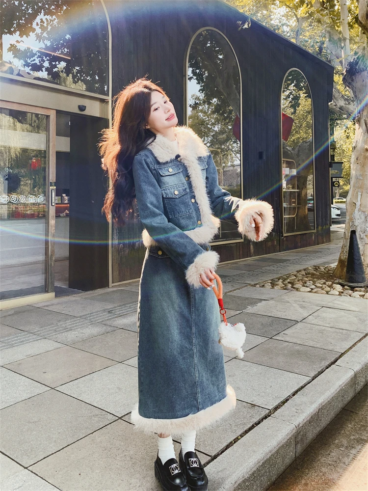 厚手保温デニムボアトップスとスカート：冬用女性向けの高級感デザインセットアップ