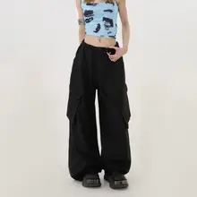 カーゴパンツ ワイドジョガー ユニセックス ドローコード 薄手 大型ポケット ブラック アメカジ ストリート ダンスウェア 「Remedie」