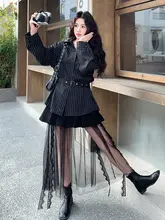 洗練されたデザイン！黒のストライプシャツ【スプリング・オータム・メッシュ接合・ハイウエストスカート】（セットアップ対応）
