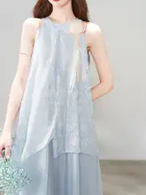 夏季新作 フレンチスタイル ドレス【無袖・ブルー・Aライン・リゾート風】