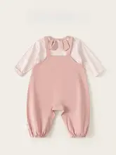 春季ファッショナブルで可愛いハート柄の女の子 用カジュアルウェア【ビブパンツとストライプTシャツ・セットアップ対応】
