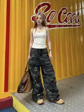 迷彩デザインのストレートパンツ【レトロアメリカン・ゆったりフィット・ウエストひも付き】