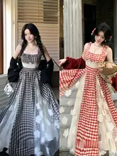 甘美なフランス風ビンテージチェック柄レース刺繍ウエストリボン付きフレアワンピース