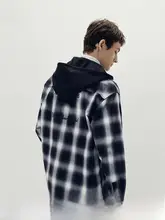 チェック柄長袖シャツ【フード付き・男性用・秋用・ハサク布刺繍デザイン】（セットアップ対応）