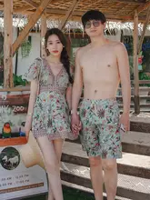 カップ付きカップル用水着【スカートスタイル・平角デザイン・温泉用・男女兼用】