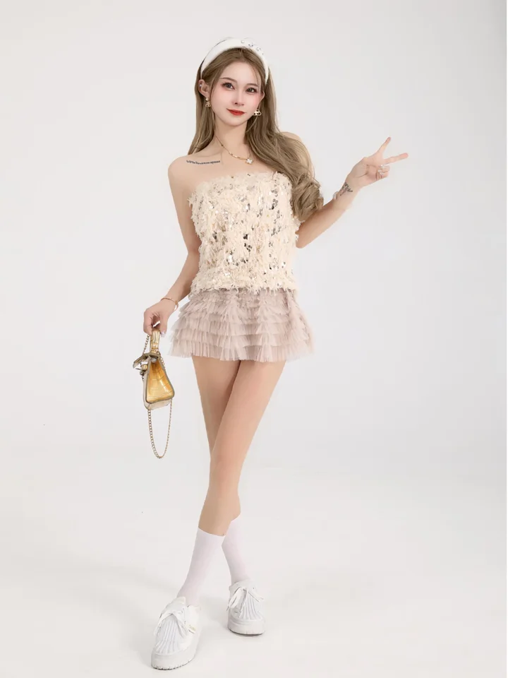 透け感のあるハイウエストミニスカート【レイヤードAライン・プリーツ・女性用】