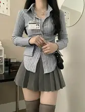 高級感ある長袖ストライプシャツ【秋用・体型カバー・ウエスト絞り】（セットアップ対応）
