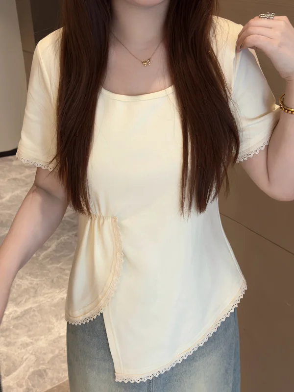 ナチュラルスタイルの大きいサイズ女性用不規則プリーツTシャツ【短袖・お腹カバー・夏用】（セットアップ対応）
