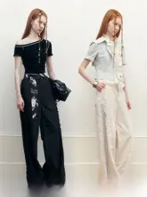 デザイン性のあるレース仕立てのストレートパンツ【軽やかなワイドレッグ・秋用】