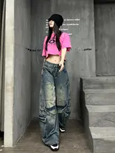 トレンド感あふれるクールなガールズコーデ【夏用・露出型のショートスリーブTシャツ・ワイドデニムパンツ】（セットアップ対応）