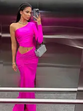 一肩デザインのロングドレス【セクシー・レースアップ・高スリット・皺加工】