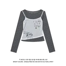 Y2K風ドット柄長袖Tシャツ【微透け・フィット感・ショート丈】（セットアップ対応）