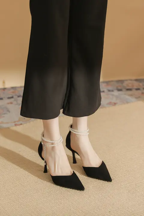 女性用 包頭サンダル【夏用・ハイヒール・黒・細いヒール・一字ストラップ】
