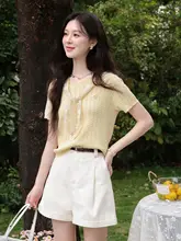 ニットTシャツ レディース 半袖 クリームイエロー 透かし編み デザイン 夏