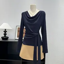 デザイン性のあるドレープネック長袖Tシャツ【女性用・秋先取り・ベーシックスタイル】