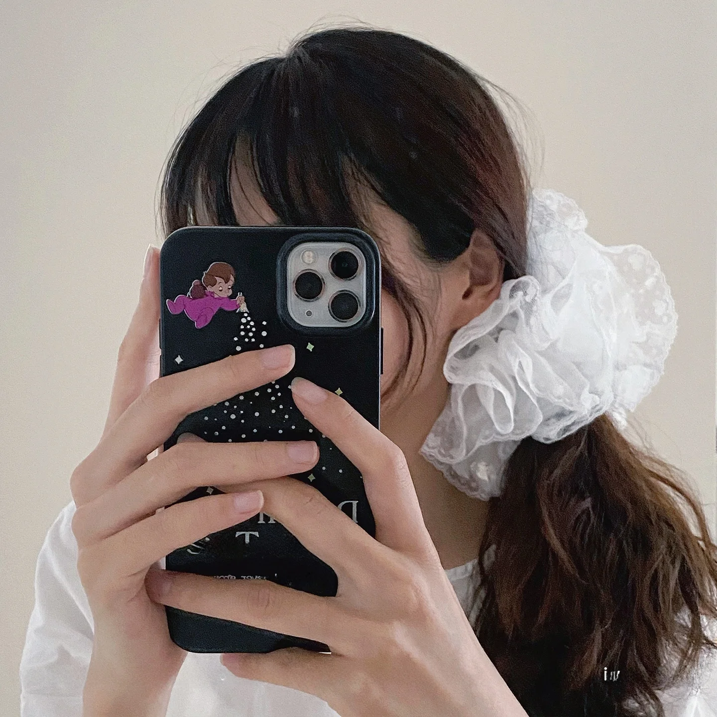 白色バレエ風ヘアバンド【レースフリル・リボン付き・可愛い丸いヘアゴム】