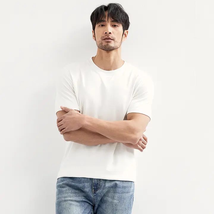 49%モダールコットン使用のシンプルなメンズ白Tシャツ【春夏用・クルーネック・短袖・ストレッチ】