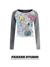 二次元キャラクターイラスト入りアシンメトリーストライプ長袖Tシャツ【ゆったりフィット】