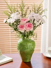 花瓶 セラミック ハンドメイド 広口 グリーン ドライフラワー用 ヴィンテージ風 上品 リビング 民宿 インテリア 置物