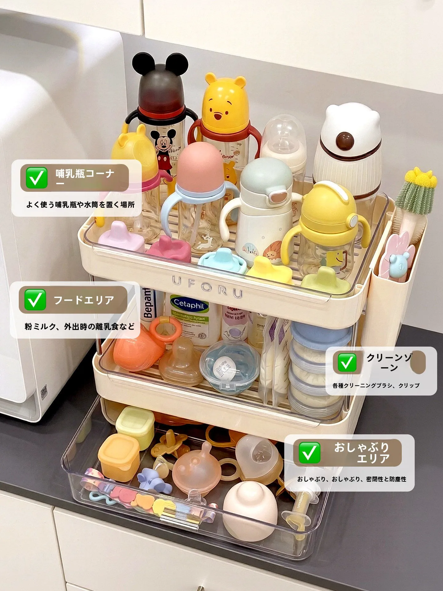 哺乳瓶水切りスタンド：多層収納で離乳食準備を効率化