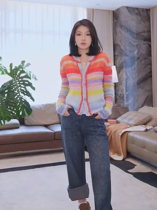 極上の柔らかさのグラデーションアートフリンジニット【羊毛・モヘア混紡】