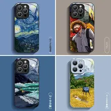 スマートフォンケース 対応 iphone16 15Pro 13 15 14 14Pro 14Promax 15Promax 材質 ガラス 液体 スタイル 高級 星空 ゴッホの油絵