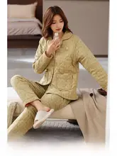 女性用冬季薄手保温パジャマコート【三層構造・純綿】（セットアップ対応）