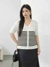 クラシックストライプのVネックニットトップス【大きいサイズ・エレガント・夏用】