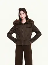 レトロフリースファー付きフードジャケット【女性用・短丈・秋冬用・ライダーススタイル】
