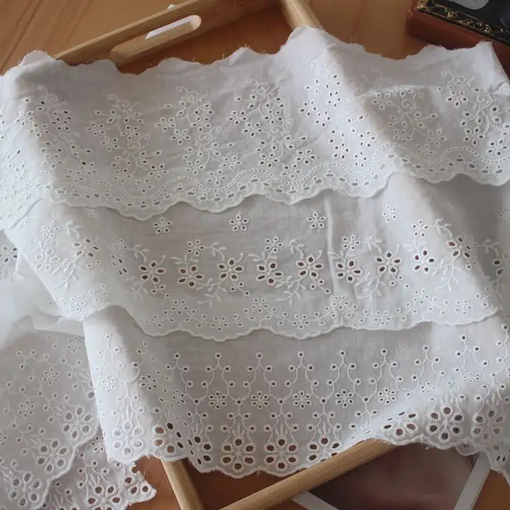 片側綿布エッジ刺繍レーストリムの服飾用長尺素材【DIY用スカートトリム・襟素材・縫い付け可】