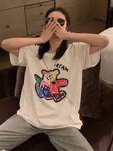 スタイルの白いコットン薄手Tシャツ【レディース・ゆったりシルエット・スイートカジュアル・カップル向け】