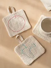 シンプルラインの刺繍コースター【アップルとバードデザイン・滑り止め・吸水性】