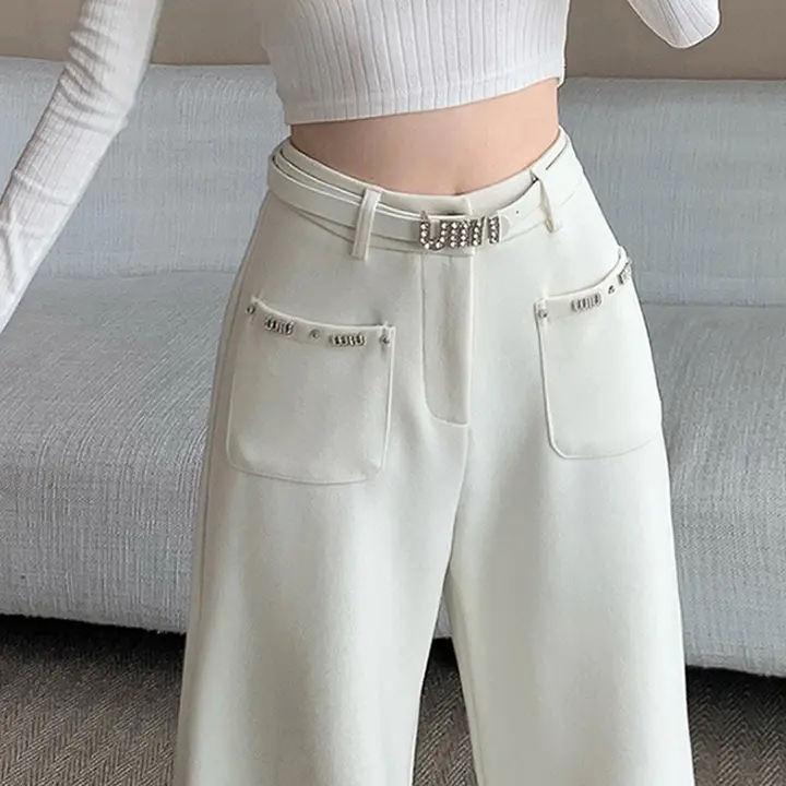 豪華なビジュー付きポケットデザインのハイウエストワイドパンツ【秋冬用・スリムフィット】