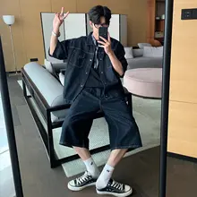 コットンデニム短袖シャツとショートパンツ【夏用・カジュアルファッション】（セットアップ対応）