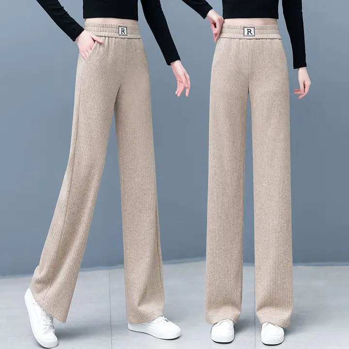 高級感あるワイドパンツ【伸縮性ウエスト・高腰・秋冬用・裏地付き・九分丈】