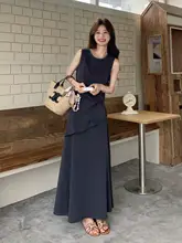 グレーの韓国風ルーズフィットトップスとスカート【不規則デザイン・シンプル・夏用】（セットアップ対応）