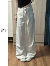 高身長向け 白色ハイウエストストレートカジュアルパンツ【秋冬・ゆったり・デニム】