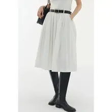 白色抽褶Aラインミディスカート【綿・春夏用・快適な着心地】（セットアップ対応）