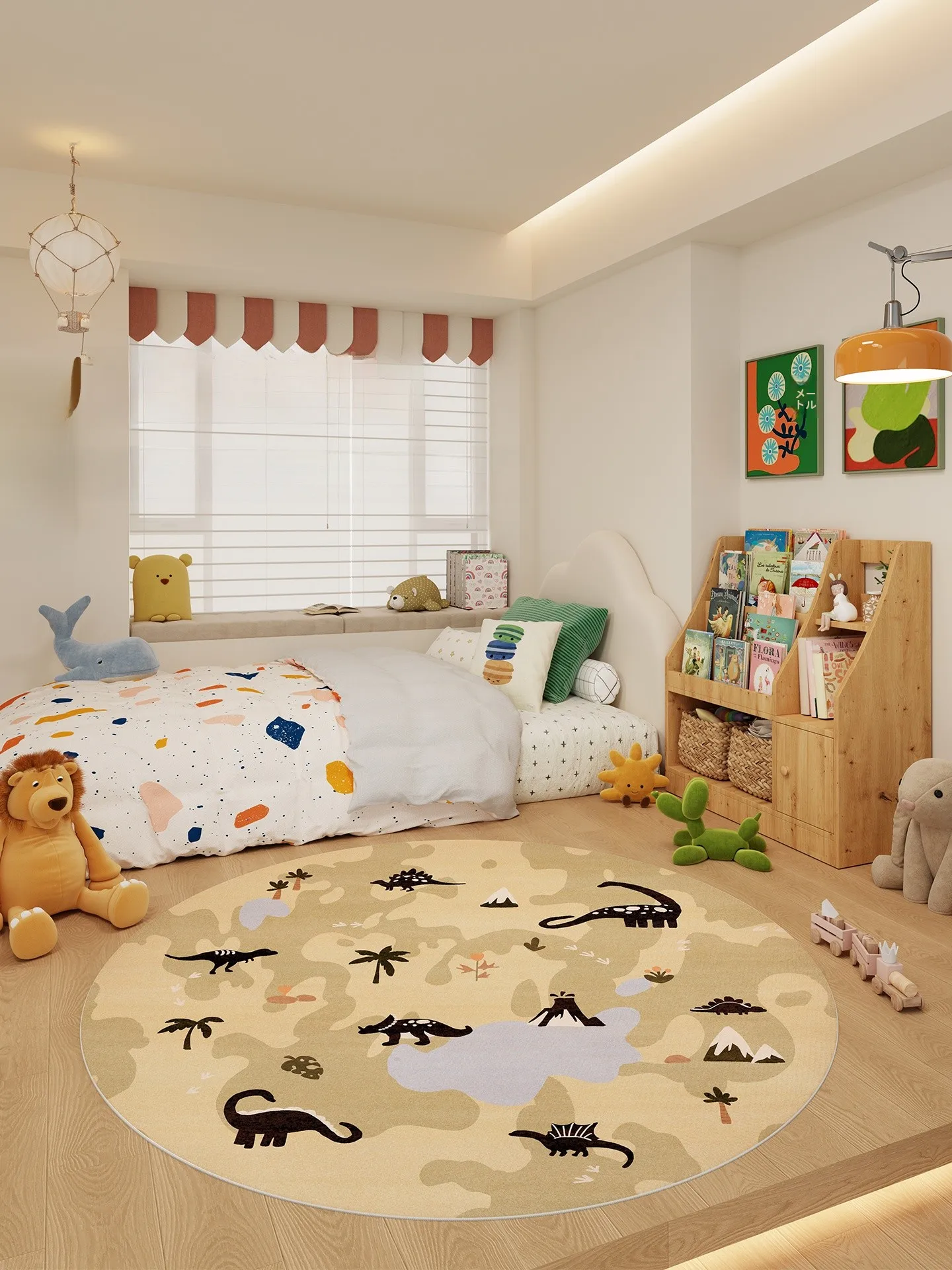 かわいい恐竜デザインのラウンドカーペット：子供部屋に最適な無臭・通気性のあるベリベット製品