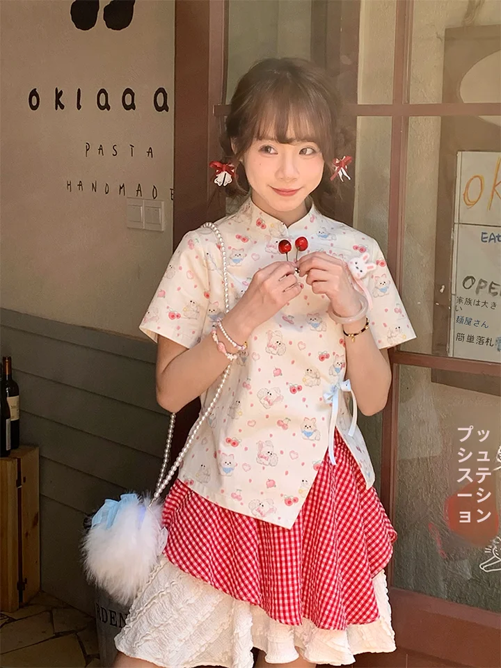 小犬プリントの夏用短袖トップスとスカート【新中式・フレッシュデザイン】（セットアップ対応）