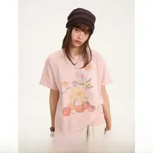 植物モチーフのコットンTシャツ【クラシックラウンドネック・二重層・ドルマンスリーブ・レディース】
