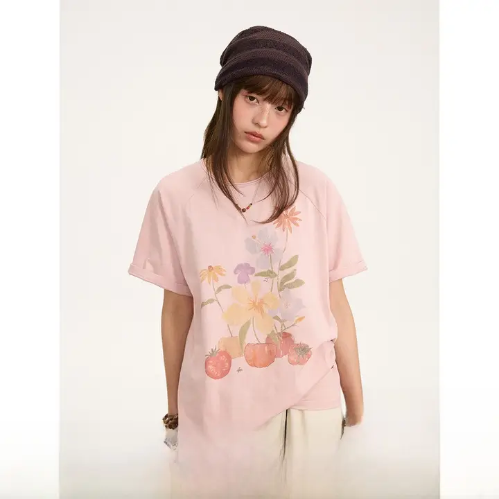 植物モチーフのコットンTシャツ【クラシックラウンドネック・二重層・ドルマンスリーブ・レディース】