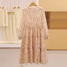 花柄ドロップショルダーセミフレアワンピース【リボン付き・ウエストゴム・秋用】