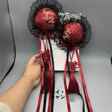 暗黒のチャイニーズスタイル ヴィンテージボルドーの双馬尾ヘアアクセサリー【ロリータ風・丸い髪飾り】