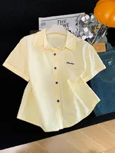 刺繍入りカラーブロックボタンシャツ【女性用・短袖・学院風・独特なデザイン】