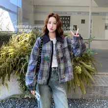 アメリカンビンテージ風グラフィティチェック柄ショートジャケット【学院風・フリル付き・秋春用】（セットアップ対応）