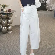 白色ストレートカジュアルパンツ【女性用・ハイウエスト・ゆったり・九分丈・フレア】