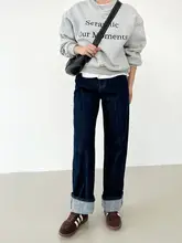 高腰の赤耳加絨デニムパンツ【女性用・秋冬・ゆったりストレート】（セットアップ対応）