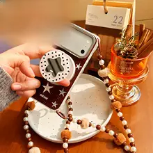 スマホケース ヴィンテージ チェック柄 星柄 斜め掛け パールチェーン ショルダー マグネット式 ストラップ スタンド付き 手提げ iPhone Android 対応