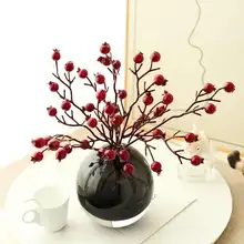 北欧風シンプルな高級感のあるマツガシワ風の赤い実のアートフラワー【新年のリビングダイニング装飾用・小物】